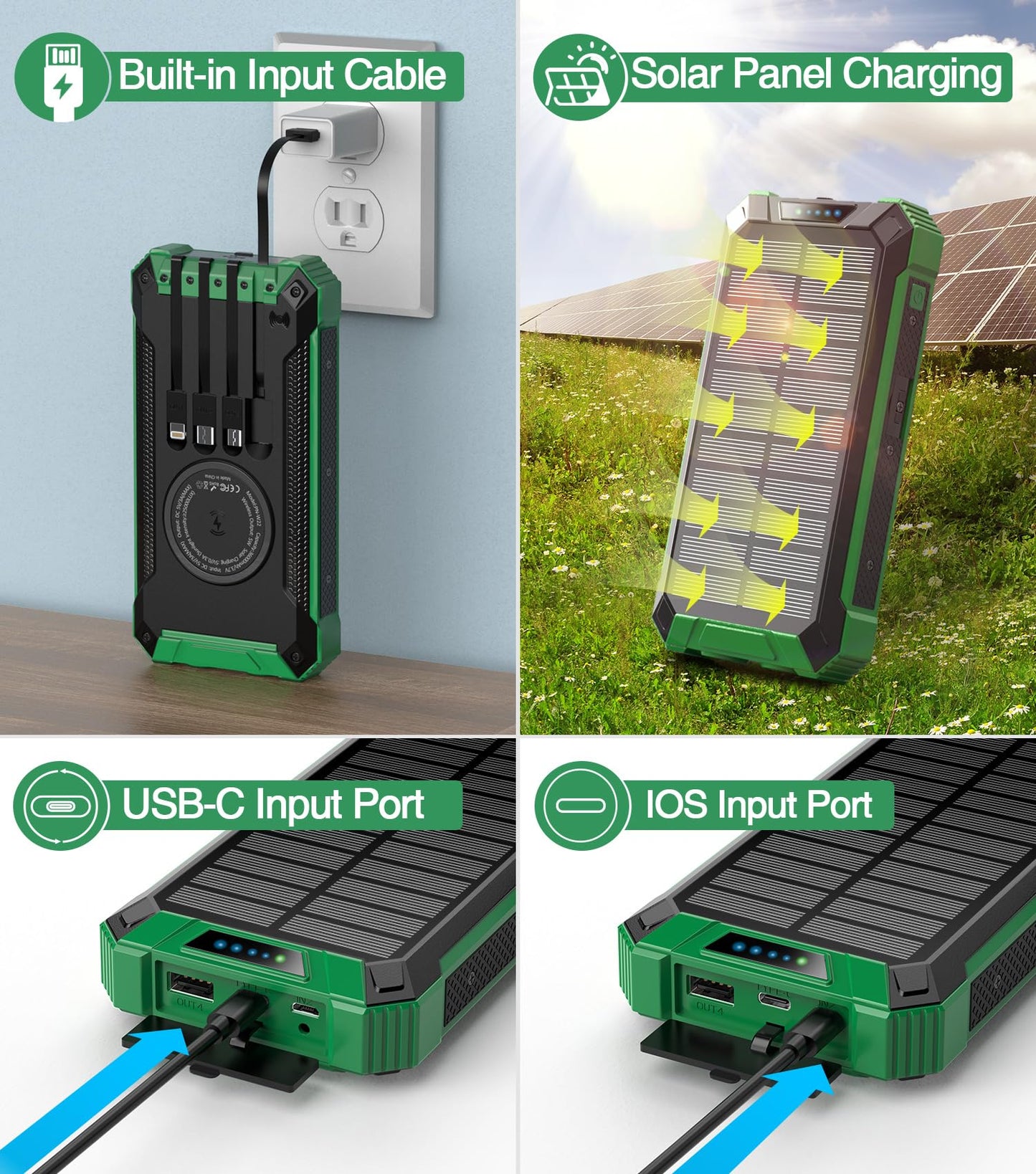GOODaaa Power Bank Wireless Charger 36000mAh Built in 4 Cables Six Outputs 15W Fast Charging Power Bank for All Mobile Devices Three Inputs Solar Portable Charger with Dual Flashlights, Carabiner