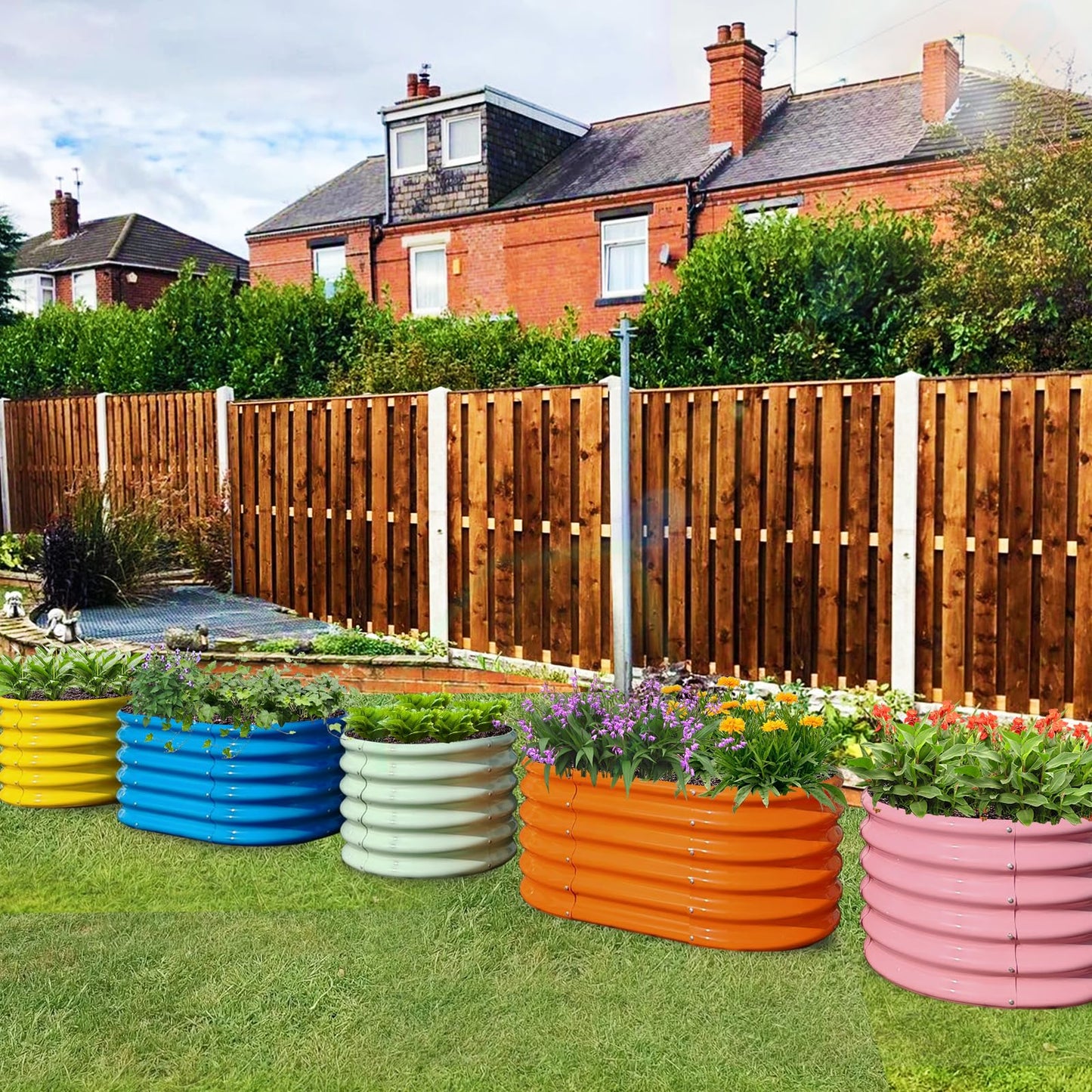 A ANLEOLIFE 5-Pack 18in Tall Kids Mini Raised Garden Beds Outdoor, 40x24in Oval & 24x24in Round Galvanized Metal Planter Box for Planting Vegetables, Flowers, Fruits, Eco-Safe & Easy Setup