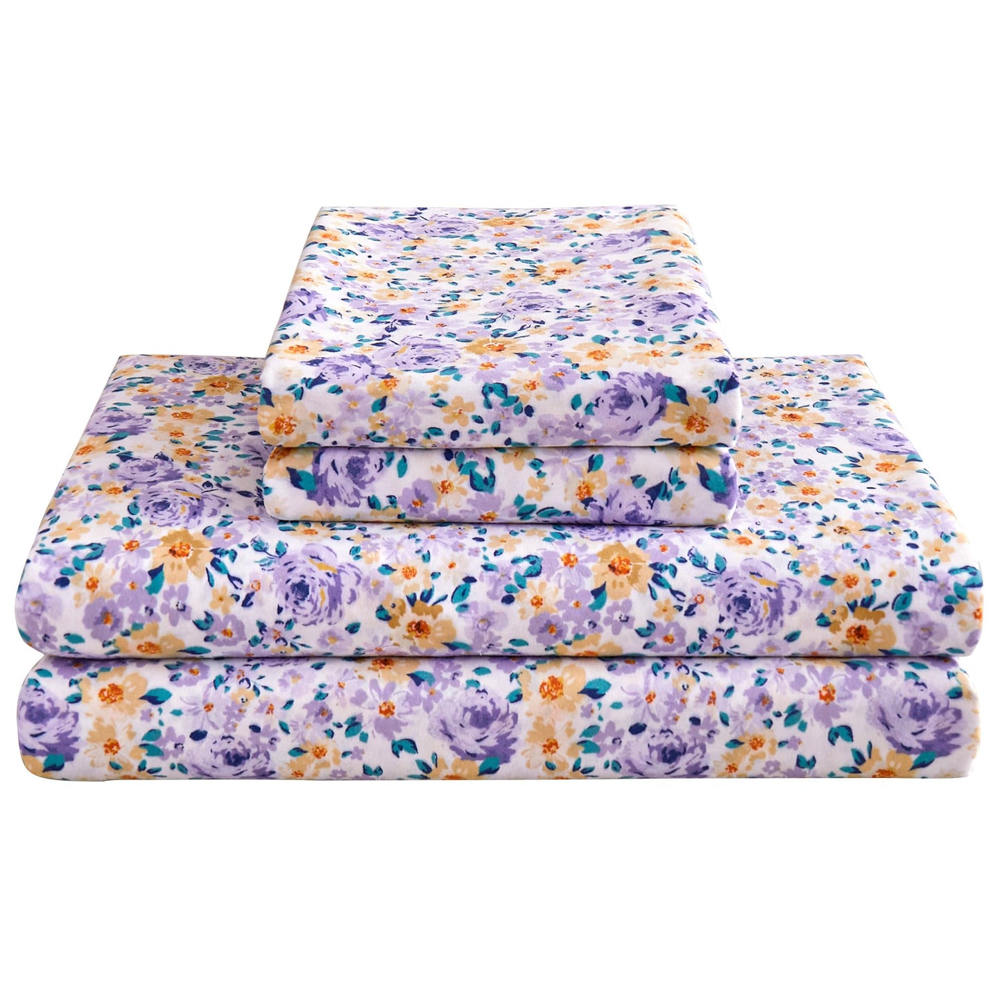 Mooreeke Floral Full Bed Sheets, Soft Microfiber Printed Bedding Sheets & Pillowcases, Deep Pocket Non-Slip Vintage Full Sheet, Purple Yellow Flower Pattern Bedsheets