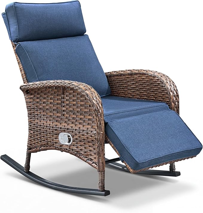 Zero Gravity Patio Rocking Wicker Recliner Chair - Wicker Outdoor Lounge Chair with Adjustable Backrest & Footrest, All Weather Reclining Rocker Chairs with Thick Cushion for Pool Deck Blue