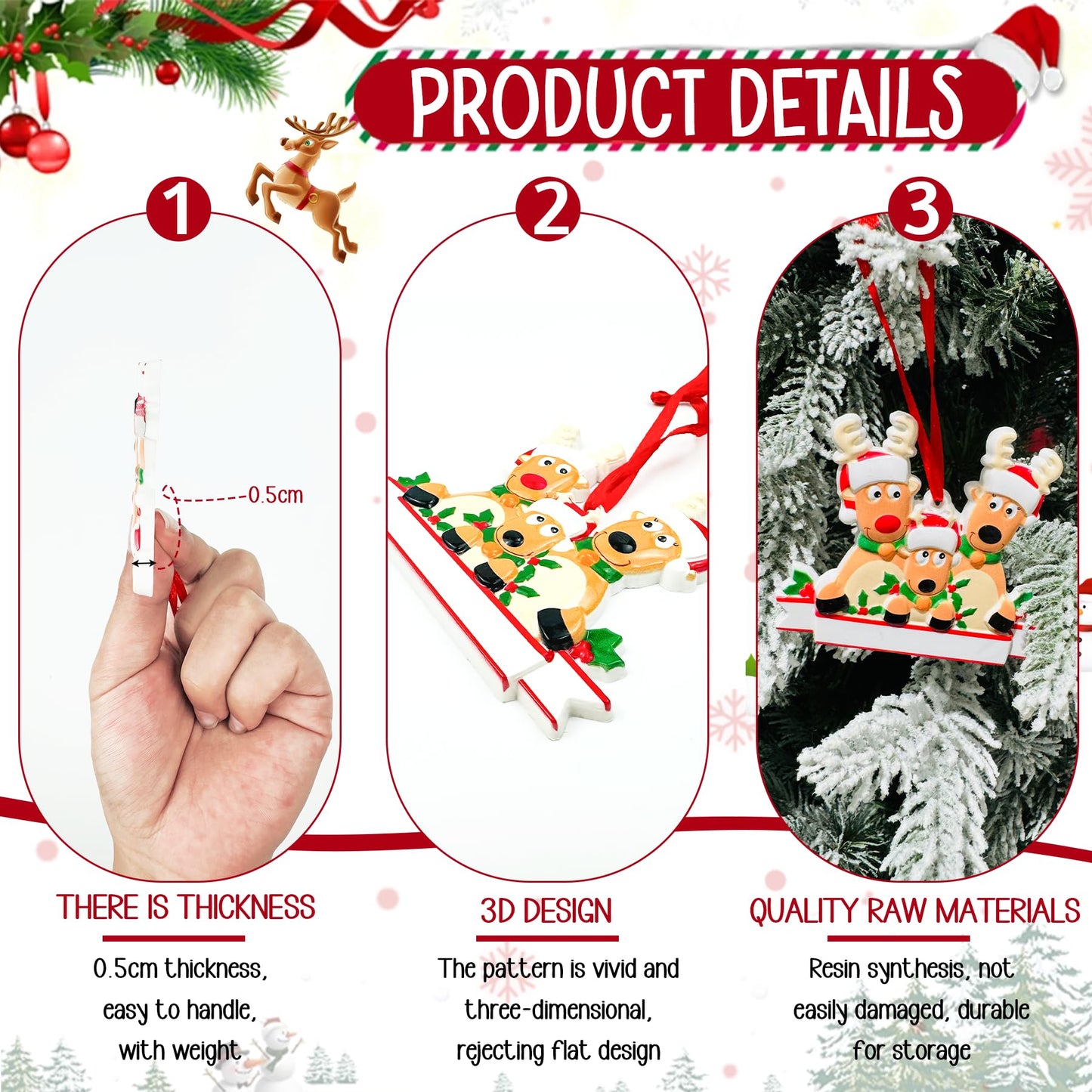 Personalized Reindeer Christmas Ornaments 2025, DIY Resin Elk Deer Family Ornaments with Custom Name, Tree Decorations, 3D Customized Christmas Ornament Gifts (Family of 3)
