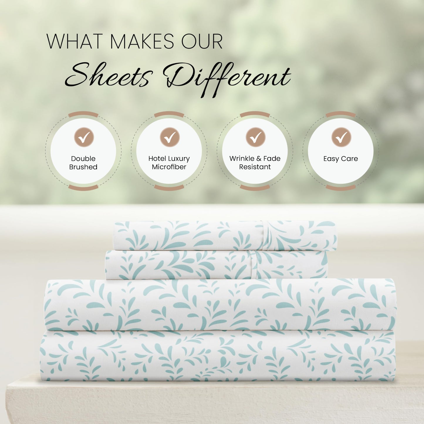 Linen Market Patterned Microfiber Queen Sheet Set 4 Piece – Oeko-TEX Certified Ultra Soft & Wrinkle-Free - 16" Deep Pocket Sheets - Easy Care Queen Size - Burst of Vines Light Blue