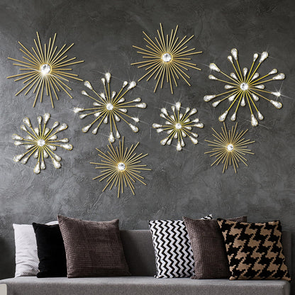 Blulu 8 Pcs Gold Metal Wall Art Cast Iron Starburst Wall Decor Bling Crystal Sculptures Living Room 3D Teardrop Radial Rhinestone Hanging Diamond Accents for Home Office Bedroom Entryway