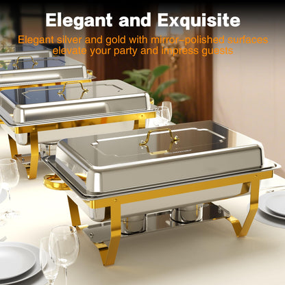 IMXSUMDA 6 Pack Chafing Dish Buffet Complete Set, 9.5QT Large Rolled Edge Stainless Steel Food Warmer with Foldable Frame, Water Pan & Fuel Holder, Elegant Gold & Silver for Party, Wedding, Catering