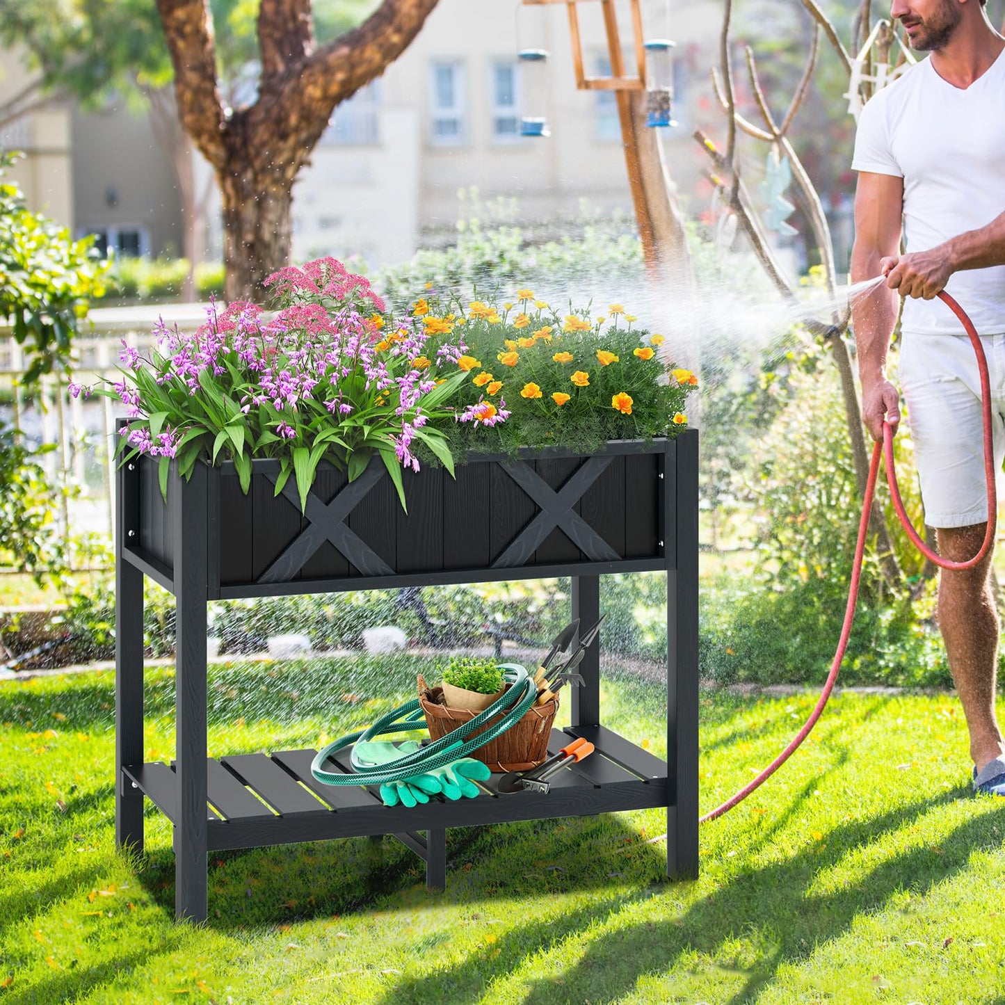 Giantex HIPS Raised Garden Bed, Elevated Planter Box w/Legs, Storage Shelf, Drainage Holes, Weather-Proof Standing Raised Beds for Backyard Balcony Flower Vegetable (Black, 34" x 18" x 29")