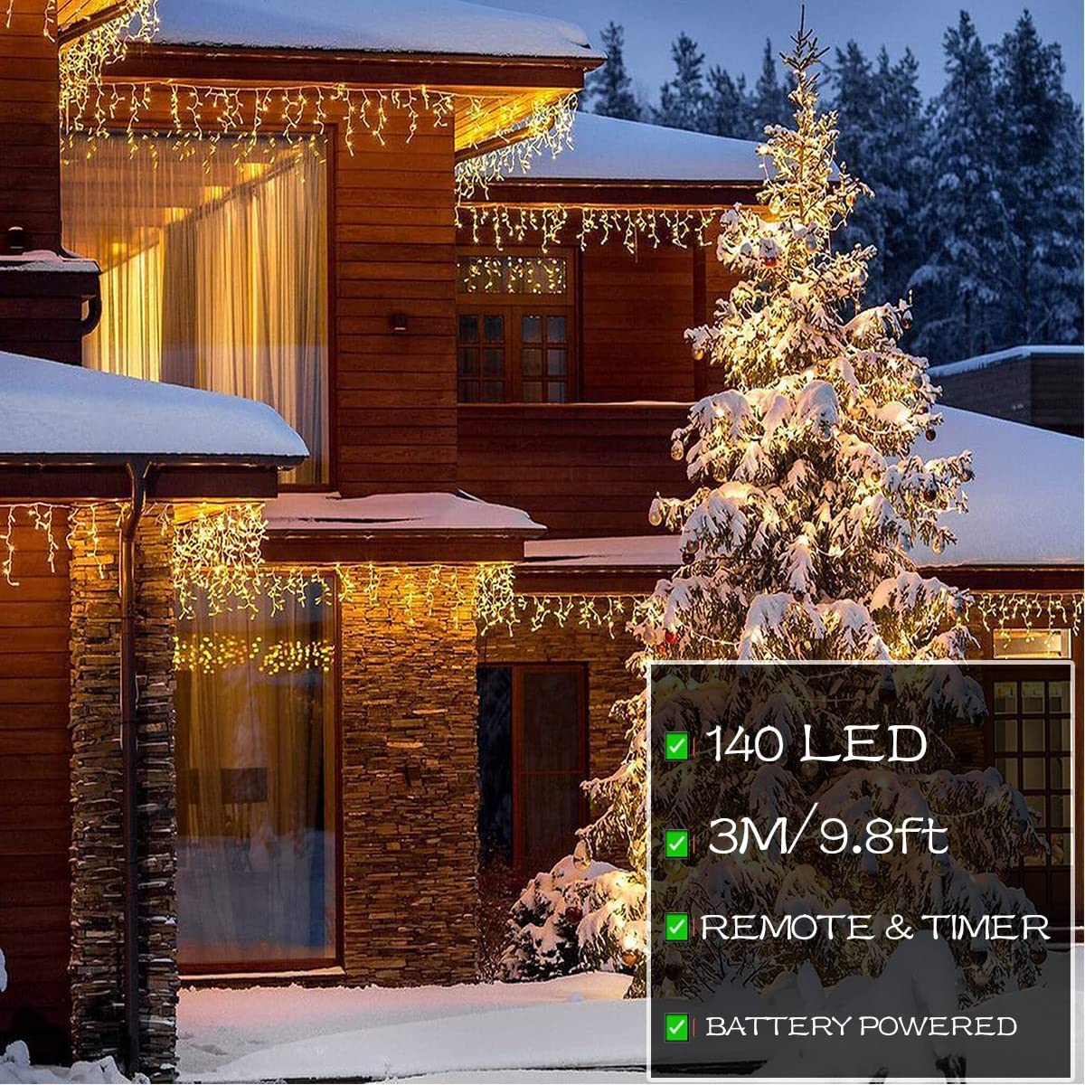 Outdoor Icicle Lights,9.8FT Christmas String Lights with Remote Timer, Battery Powered Hanging Window Wall Dripping Ice Light for Outside,Waterproof for House Garden Yard Xmas Decor(Warm White)