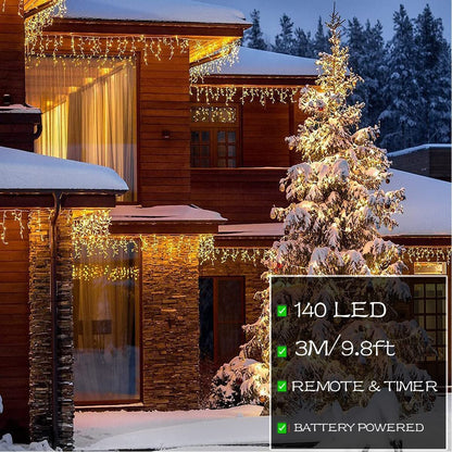 Outdoor Icicle Lights,9.8FT Christmas String Lights with Remote Timer, Battery Powered Hanging Window Wall Dripping Ice Light for Outside,Waterproof for House Garden Yard Xmas Decor(Warm White)