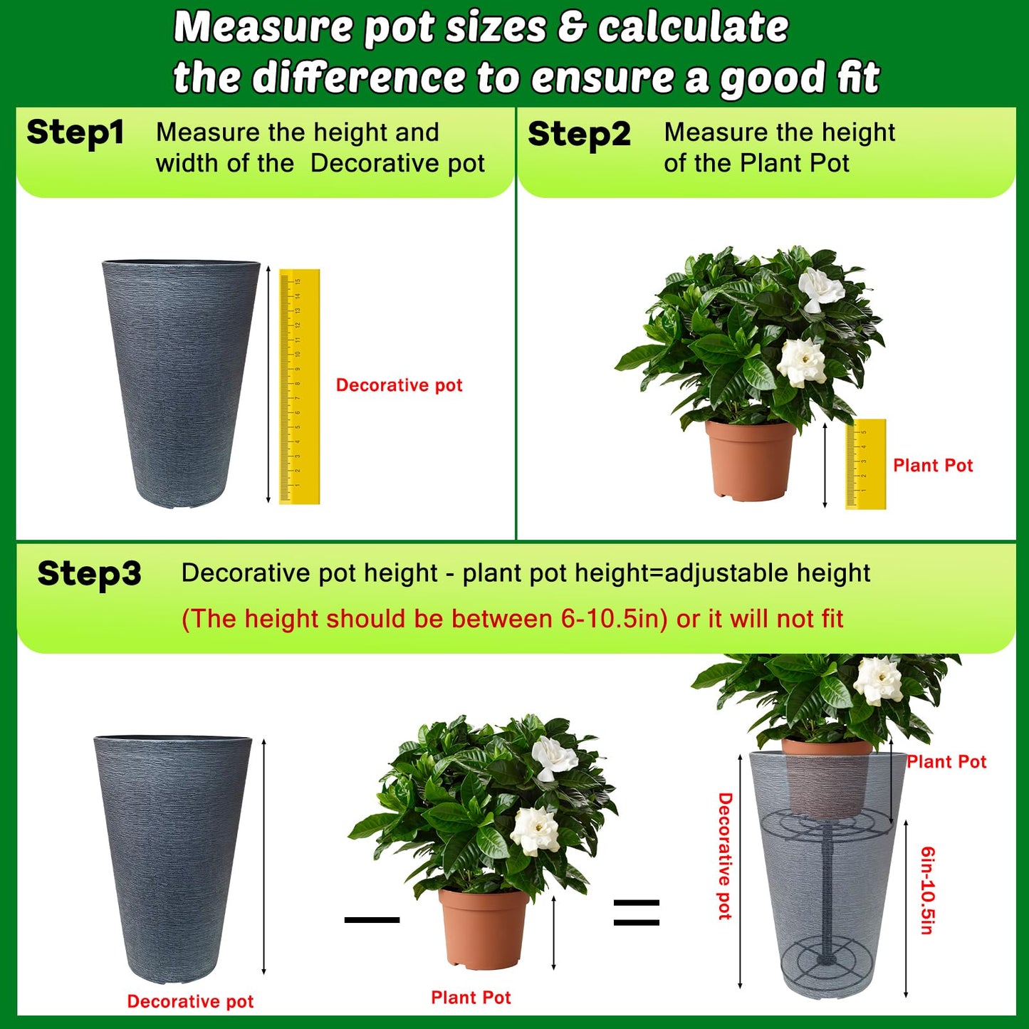VICAMB 1 Pack Adjustable 6-10.5in Plant Risers for Inside Pots,Metal Planter Lift Inserts Fillers Risers for Tall Square Round Taper Large Pots(5.9" 7.87" 9.84" Base or Top)
