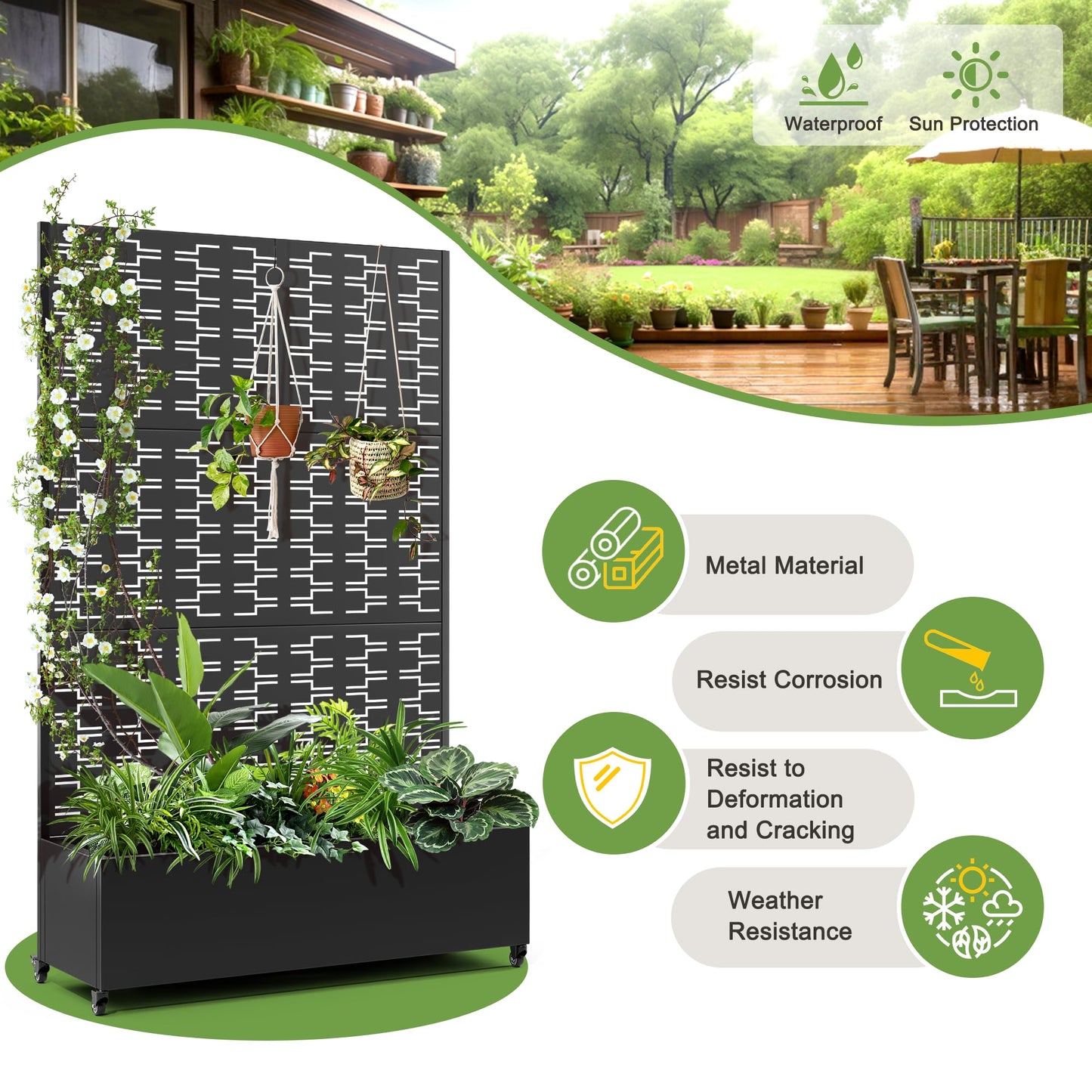FENCY Metal Raised Garden Bed with Wheels and Trellis,73"x47"x16" Planter Box for Climbing Plants, Vegetables & Vines, Features Privacy Screen and Drainage Holes (Black-Brick)