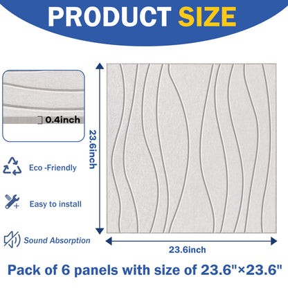 6 PCS Acoustic Panels, 23.6x23.6'' Self-Adhesive Soundproof Wall Panels,Water Waves Acoustical Wall Panels, Peel and Stick Wall Panel Decorative Acoustic Wall Panels for Recording and Home Studio