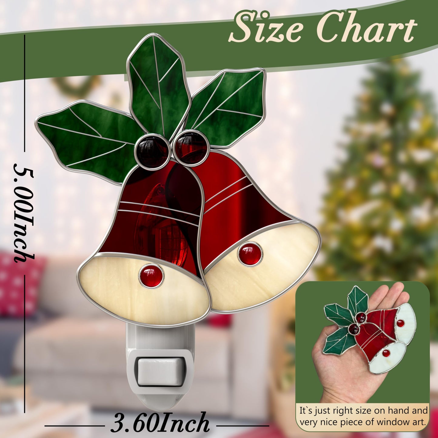 KUNDGLA Night Lights Plug into Wall Christmas Red Bell Stained Glass Night Light Plug in 7W Dusk Warm White Light Switch-On/Off for Adult Kids Room Bathroom Home Decor Gifts for Mom Grandkids