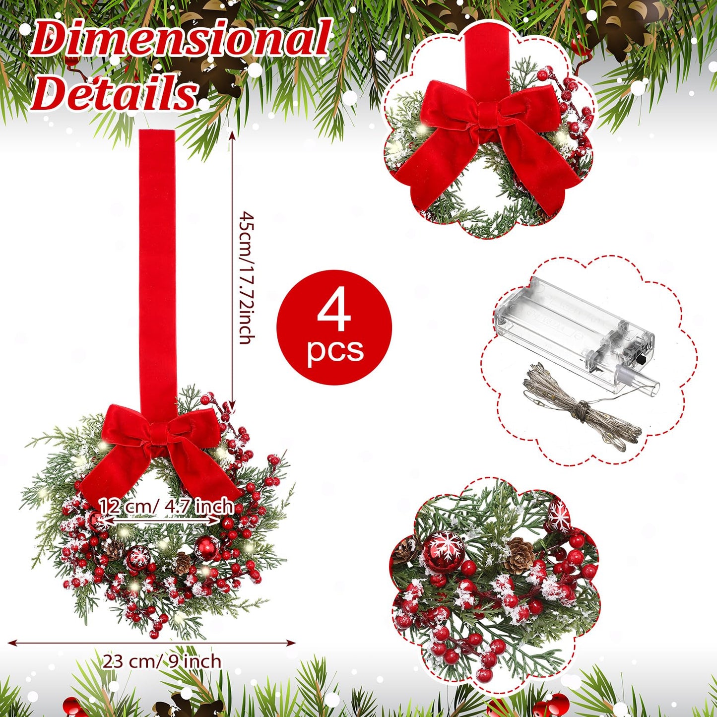 Hoteam 4 Pcs 9 Mini Decor Wreaths Small Cabinet Wreath with Rustic Bow Outdoor Decorations for Porch Window Farmhouse Decor(Bells and Red Berries)