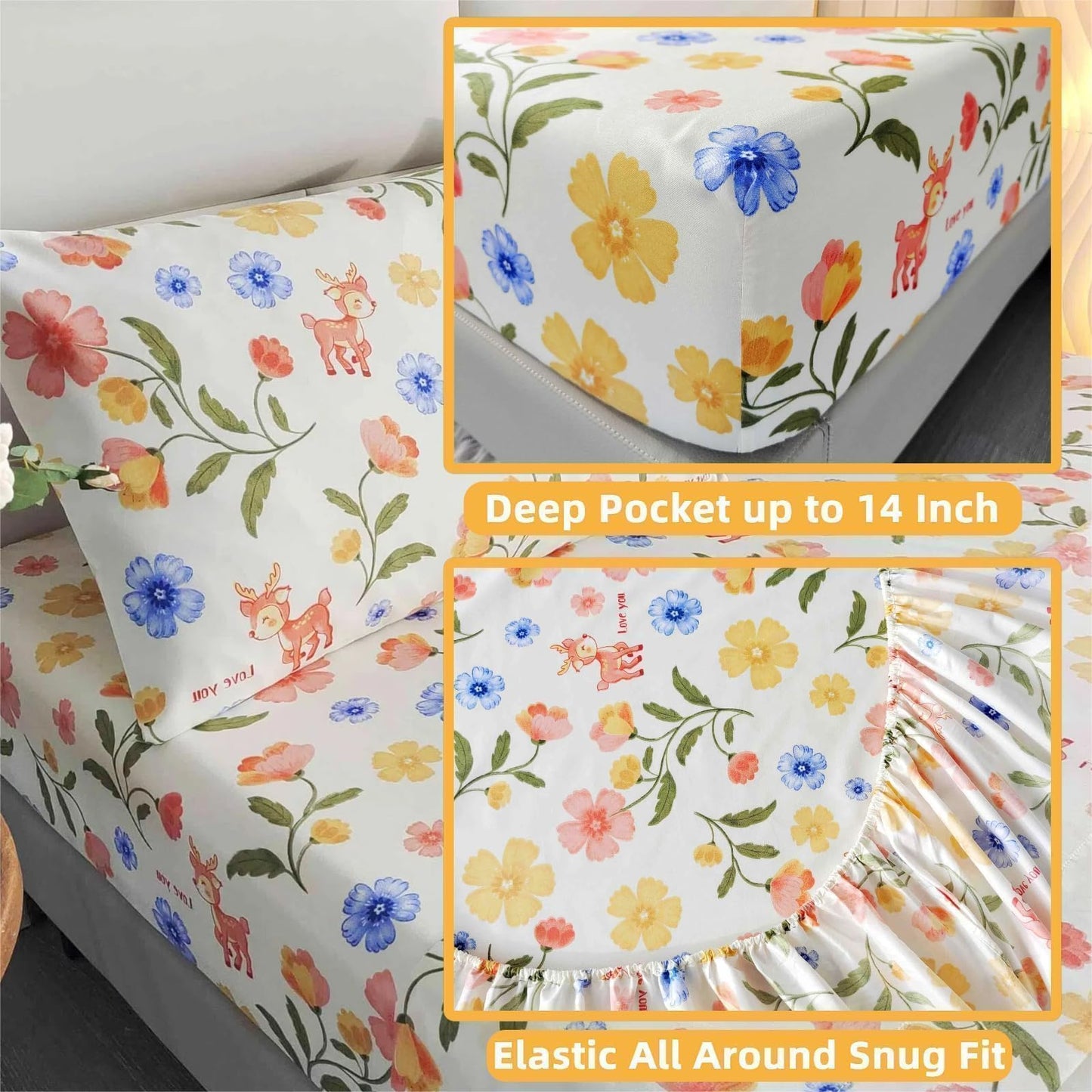 SDIII Reindeer and Floral Twin Fitted Sheet with 2 Pillowcases, Deep Pocket Soft Microfiber Fawn and Floral Sheet Twin Size All Season