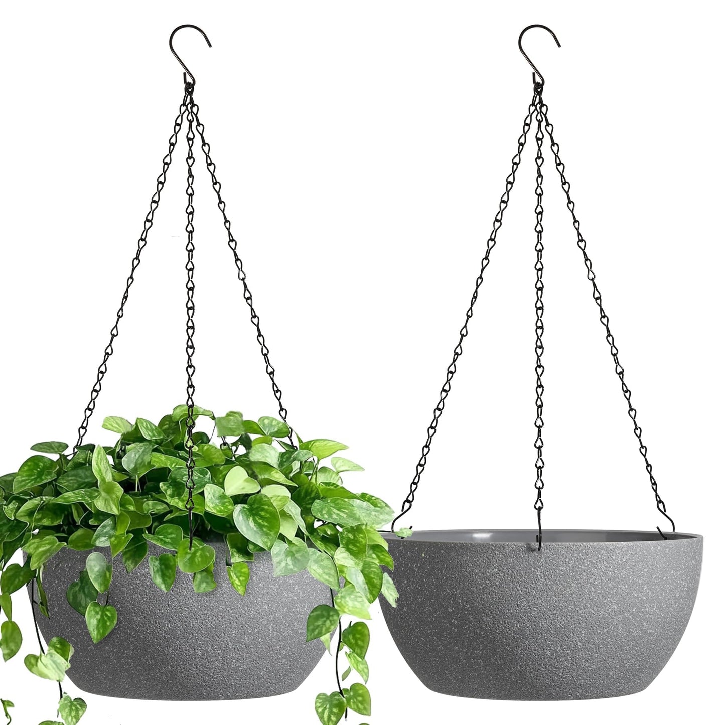 T4U Hanging Planters for Indoor Outdoor Plants 2 Pack - 12 Inch Grey Hanging Plant Basket with Drainage Hole, Round Hanging Flower Plant Pot for Garden Home Decor(Grey)
