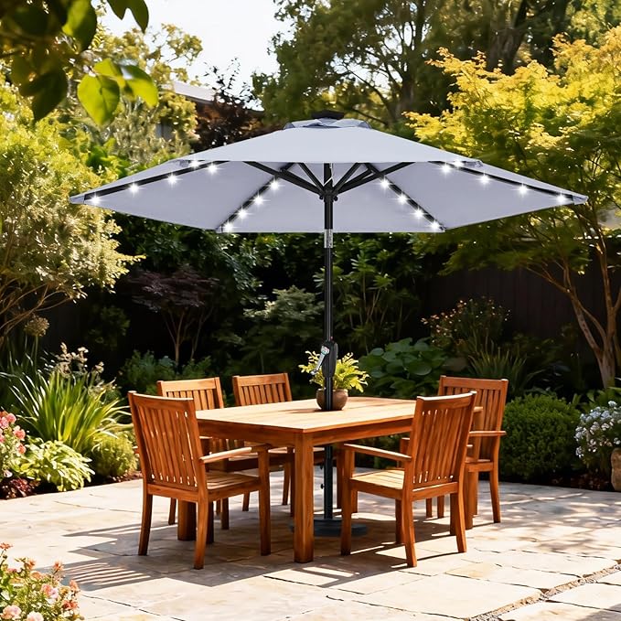 ABCCANOPY Durable Solar Led Patio Umbrellas with 24LED Lights 7.5FT with 6 Sturdy Ribs (Fog Gray)