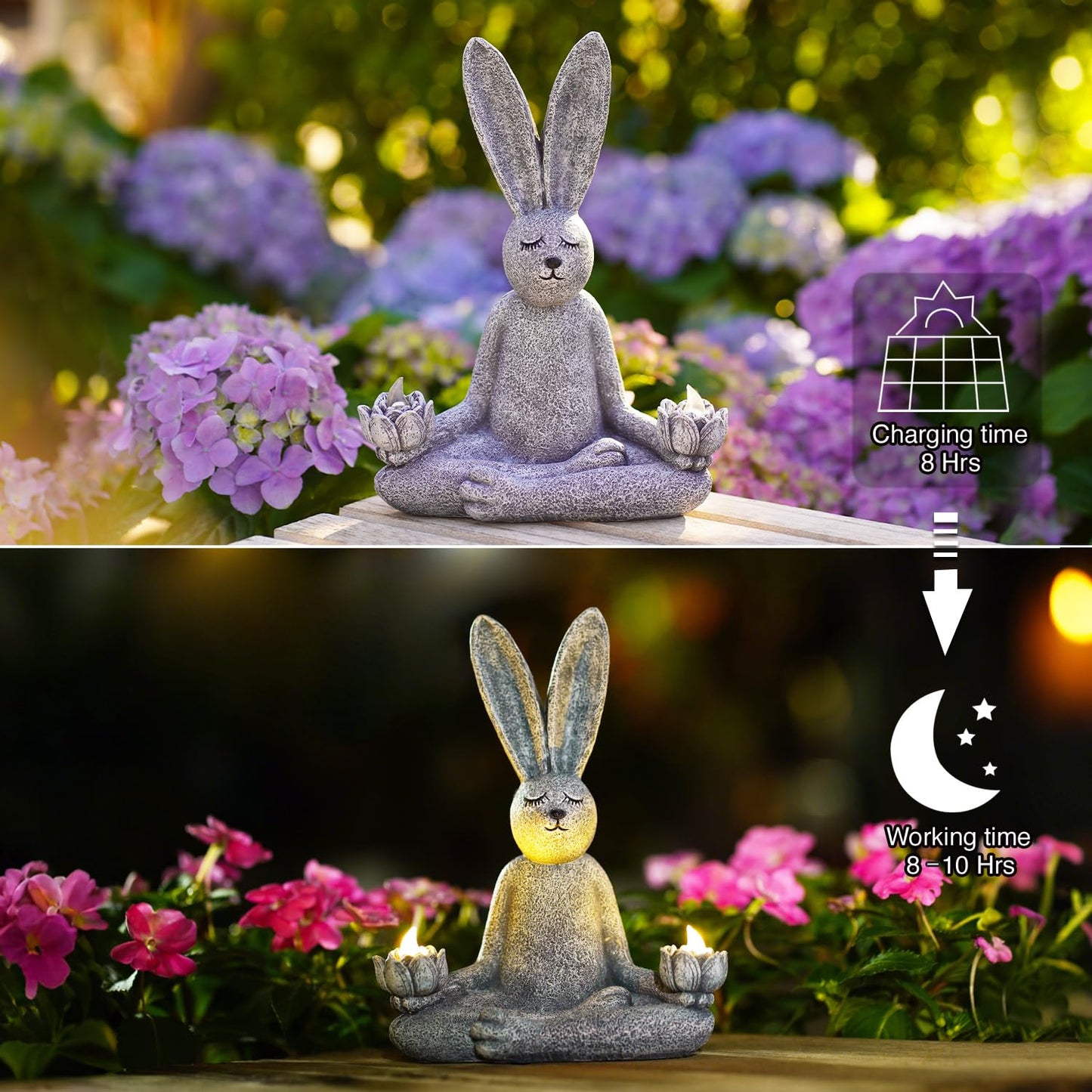 Goodeco Zen Rabbit Statue with Solar Lotus - Garden Yoga Bunny with LED Solar Lotus Lights, Sitting Meditating Buddha Rabbit Serene Resin Figurine for Patio Yard Lawn Ornaments, Home or Outside