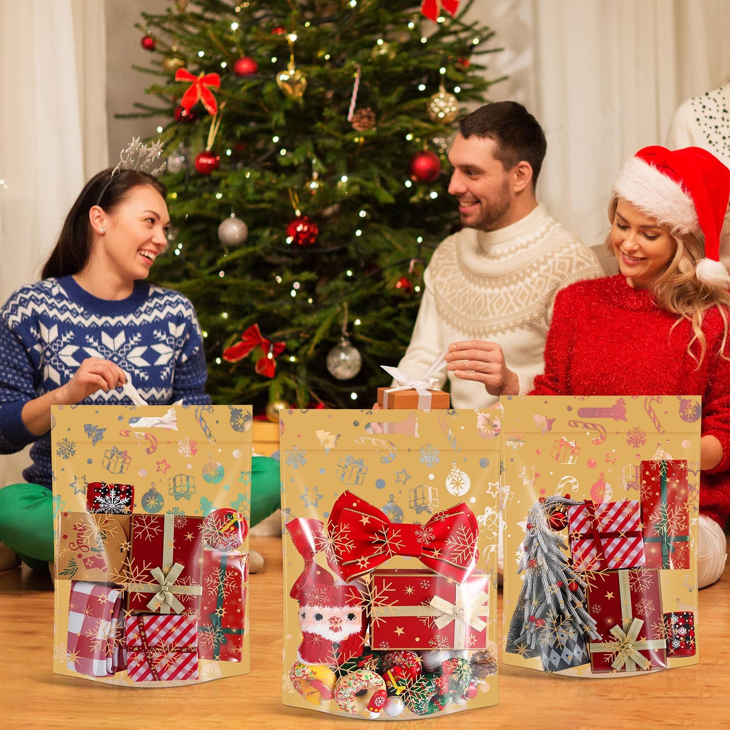 Fuutreo 10 Pcs Large Christmas Gift Bags 15.8x19.7 Inch Clear Christmas Plastic Bags Candy Cane Snowflake Treat Pouches with Handles for Winter Xmas Holiday Gift Candy Wrap Supplies Decoration