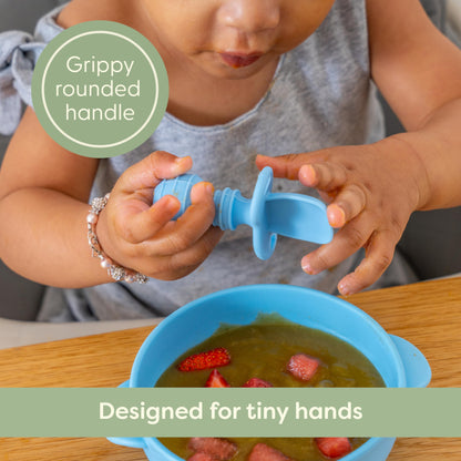 UpwardBaby Silicone Baby Spoons Self Feeding 6 Months - Feeding Essentials, Baby Led Weaning Supplies, BPA Free, Chewable Toddler Utensils with Anti Choke Barrier