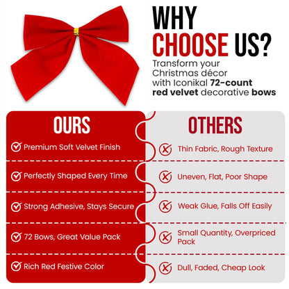 Iconikal Mini Small Velvet Bows, Red, 3.5 x 3.5-Inch, 72-Pack