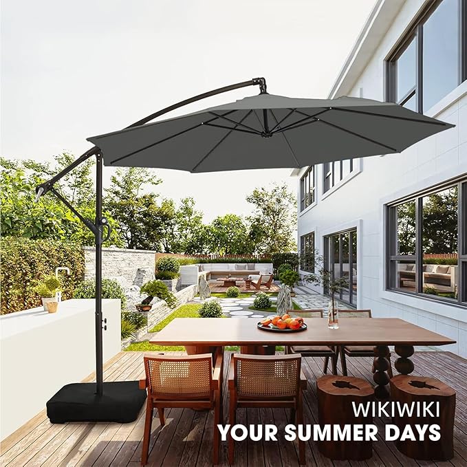 wikiwiki 10ft Patio Umbrella with Base Included, Outdoor Offset Cantilever Umbrella with Sandbag Base for Backyard, Garden and Pool, Easy to Tilt and Crank, Dark Gray
