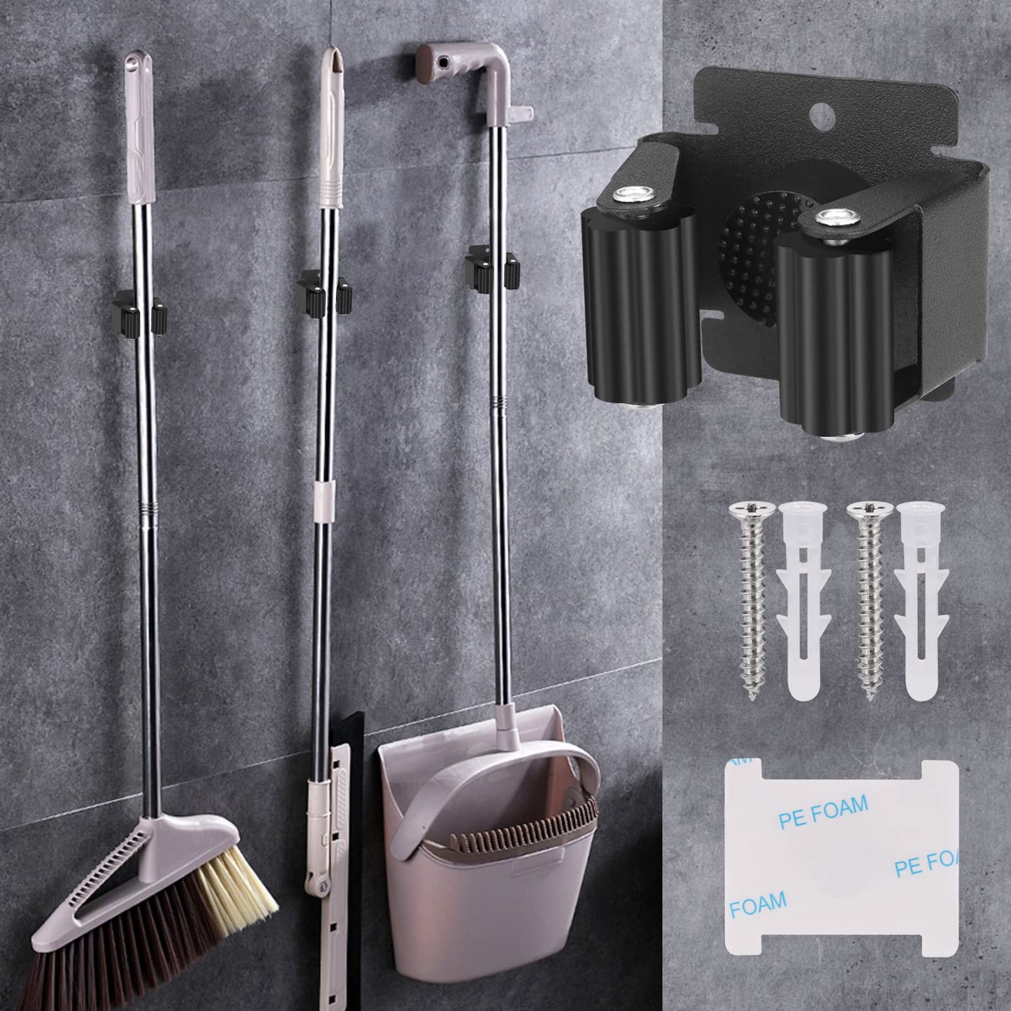 Hejo 10 Pack Mop Broom Holder, Heavy Duty Brush Holder Wall Mounted, Stainless Steel Mop and Brooms Holders Storage Rack Brush Organiser Tidy Clamp for Garden Garage Bathroom(Black)