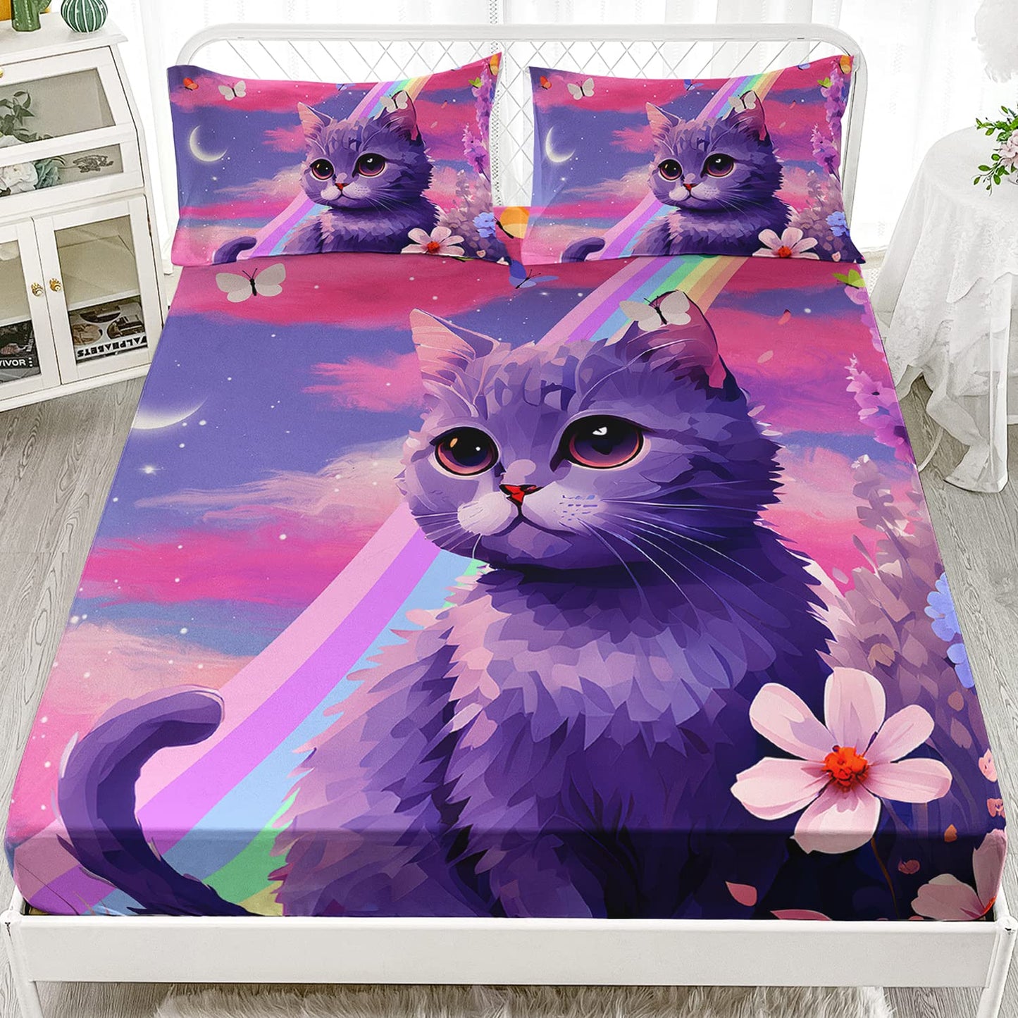 HOSIMA Cat Rainbow Floral Fitted Sheet, Kawaii Toddler Bedding Set for Girls Teens Room Decor Aesthetic, Purple Twin Sheet Set With 2 Pillowcases
