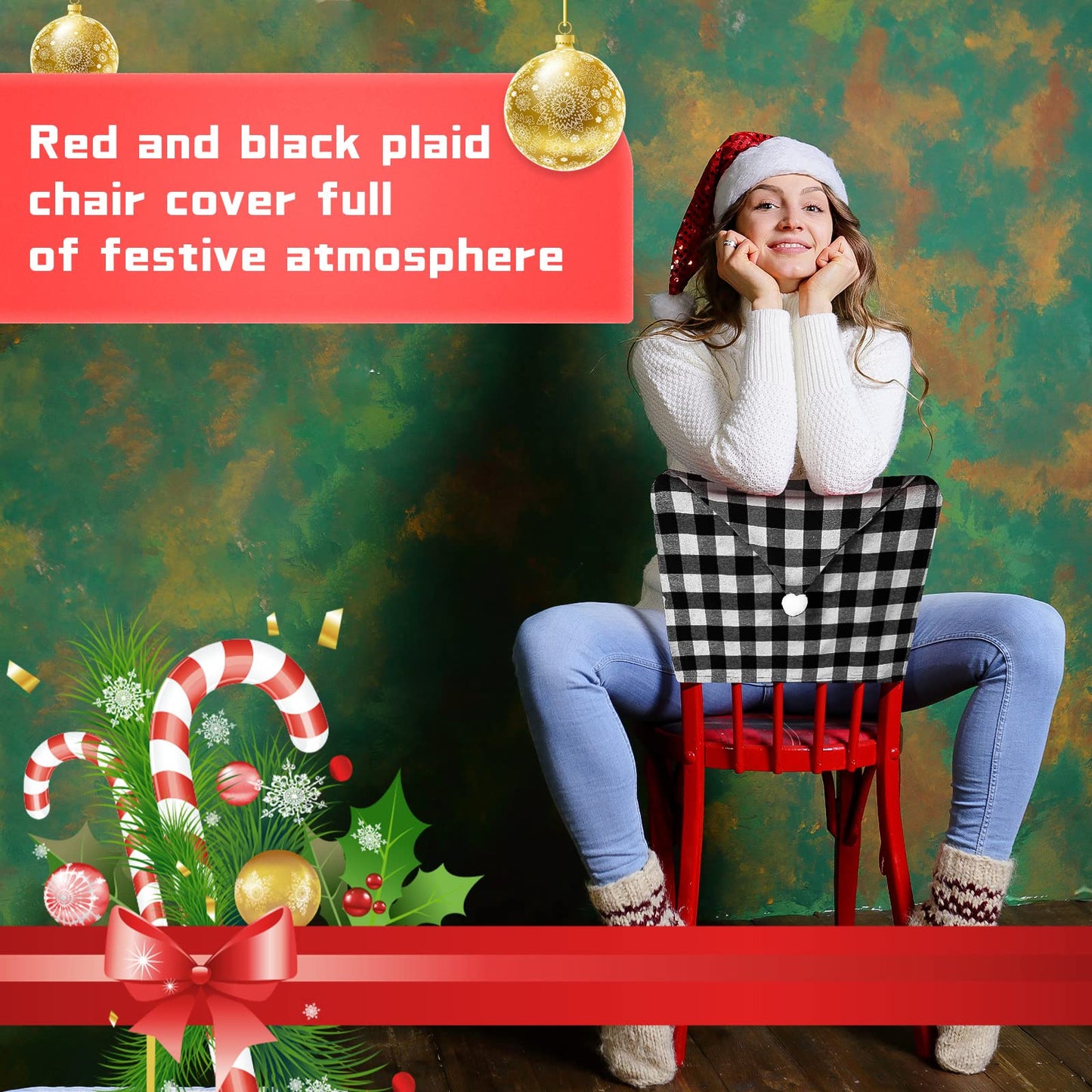 Queekay 6 Pieces Christmas Chair Back Covers Santa Hat Buffalo Plaid Christmas Dining Chair Protector Elastic Gingham Cover for Dining Kitchen(Black White)