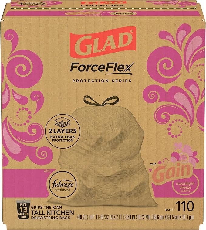 Glad Trash & Food Storage ForceFlex Protection Series Tall Trash Bags, 13 Gal