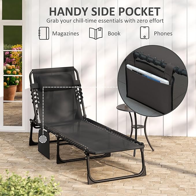 Outsunny Chaise Lounge Chair Outdoor, 5-Position Adjustable Sun Tanning Chair with Carrying Handle and Side Pocket, Folding Bed Cot with Removable Pillow for Garden, Beach, Patio, Pool, Camp, Black