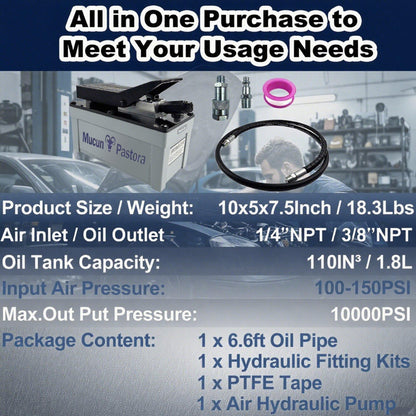 Air Hydraulic Pump 10,000 PSI 1.7L Reservoir, NPT 3/8" Oil Outlet, 2 x 6.5 ft Pipe, Hydraulic Pump Air Hydraulic Foot Pump, Gray