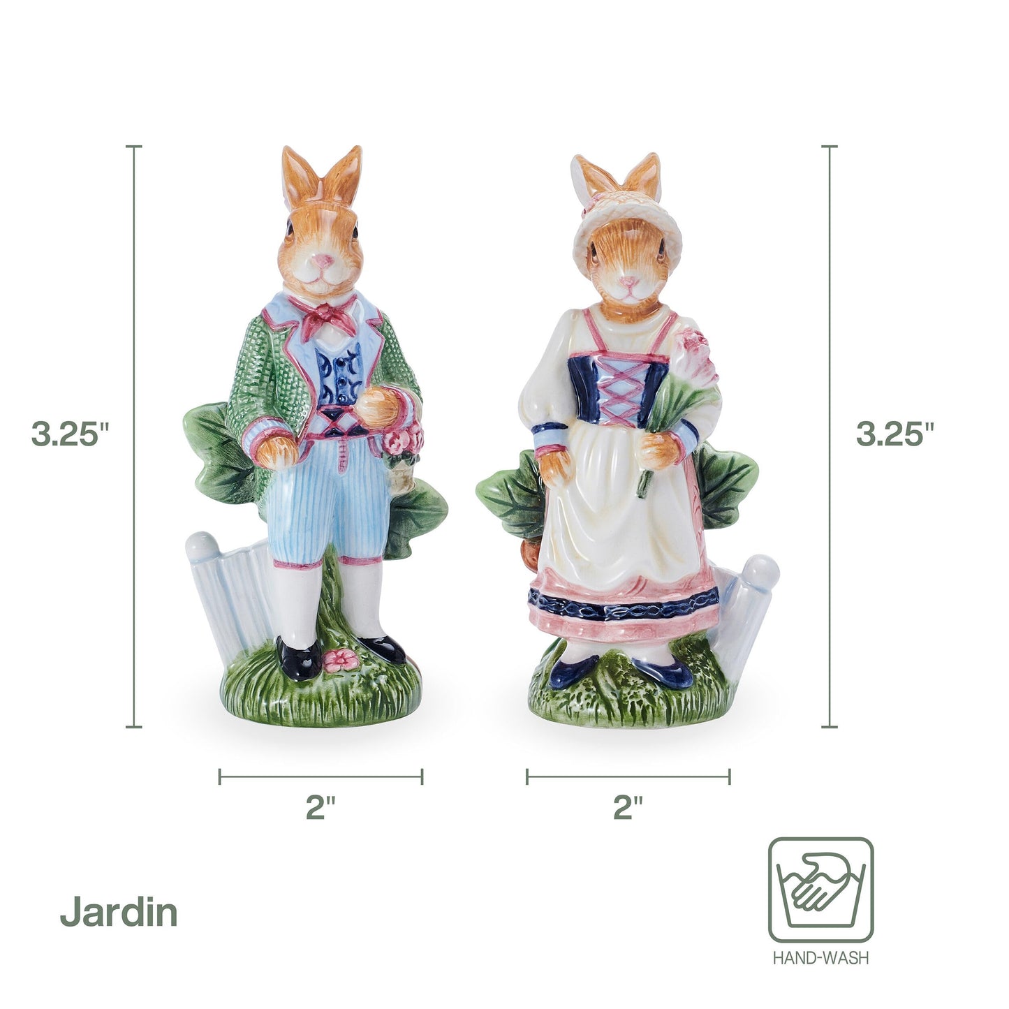 Fitz & Floyd Jardin Rabbit Salt and Pepper Shakers Set of 2, Earthenware Spring Easter Table Decor, Colorful Male and Female Bunny Shakers in Gift Box, 3.25 Inches