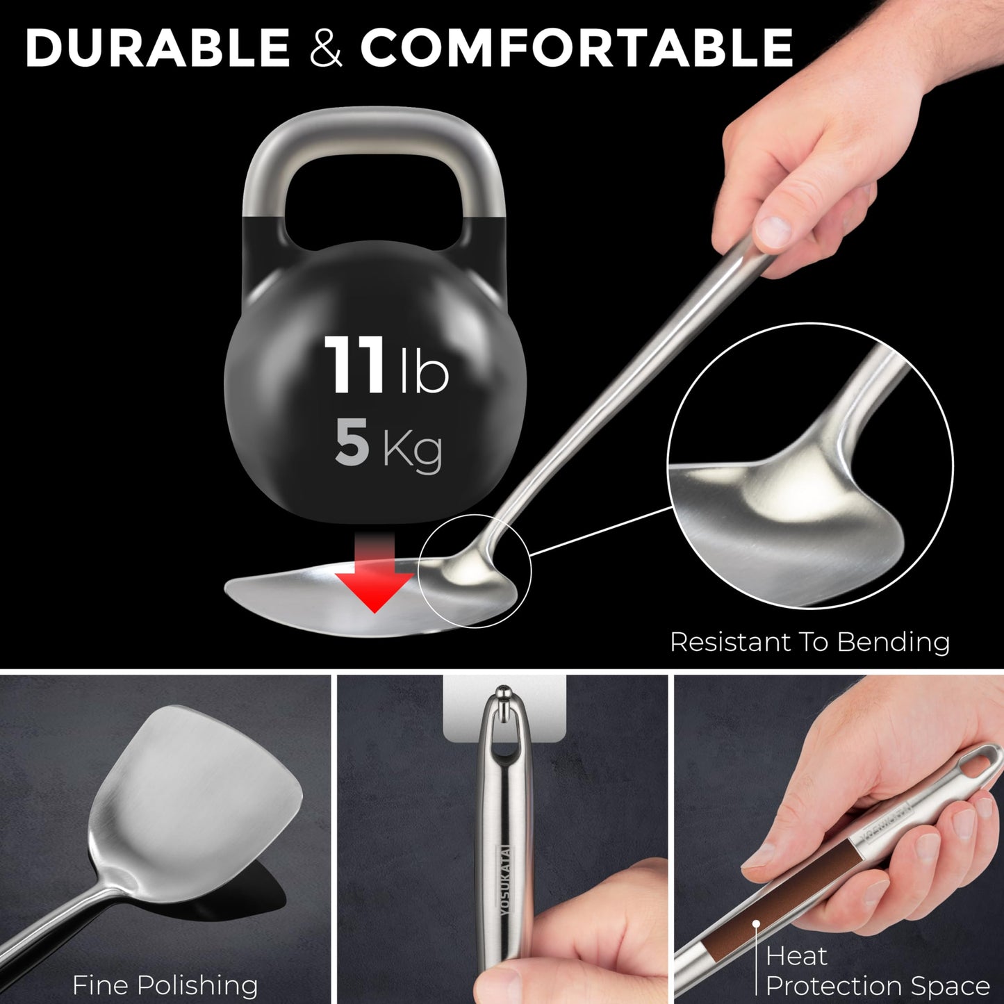 YOSUKATA Flat Bottom Wok Pan - 13.5" Blue Carbon Steel Wok PLUS 17" Wok Spatula and Ladle Skimmer Spoon - Stainless Steel Cooking Utensils Set of 3