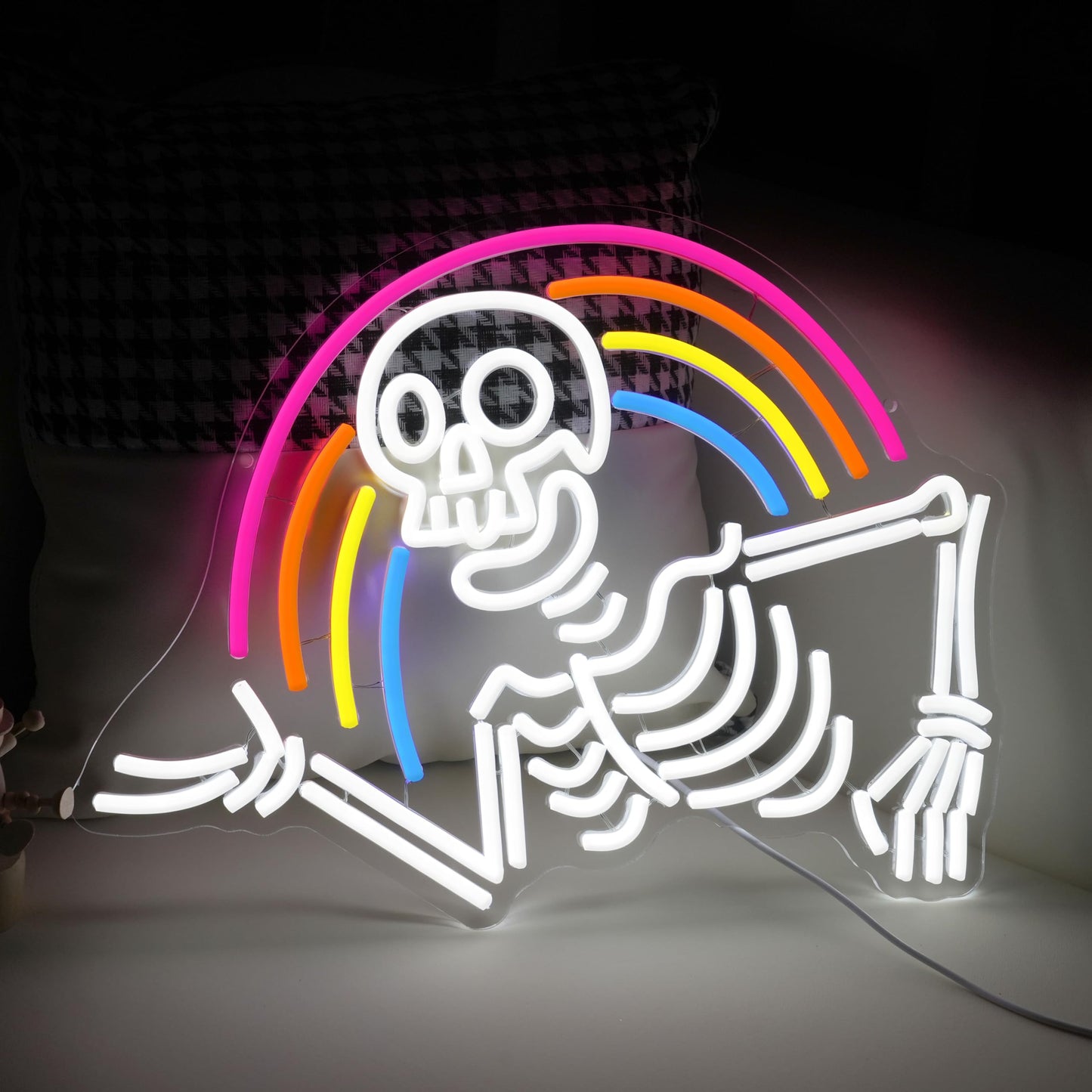 JLEWUINH Rainbow Skeleton Halloween Neon Sign Welcoming Skull Led Neon Light Colorful Rainbow Light Up Sign for Halloween Party Christmas Bedroom Man Cave Game Room(16.5 * 12.5in)