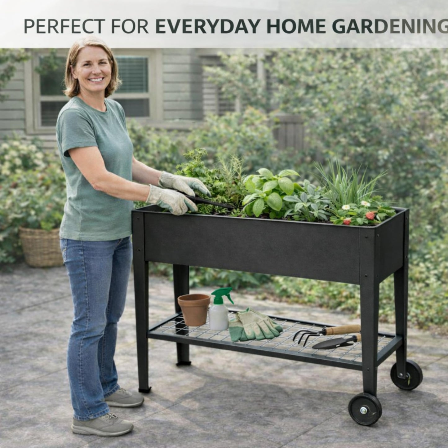 InSideOut Elevated 40" Raised Garden Bed Outdoor with Wheels & Shelf for Mobility, Metal Planter Box for Vegetables/Herbs, Patio-Balcony-Backyard (Charcoal)