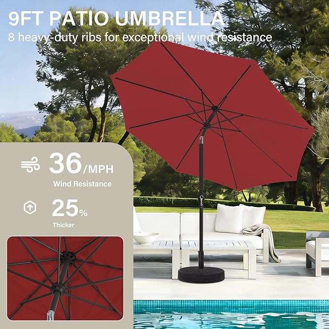MEWAY 9ft Patio Umbrella Outdoor Table Umbrellas with Push Button Tilt and Crank, Market Umbrella 8 Sturdy Ribs for Deck, Garden, Pool and Backyard, Red