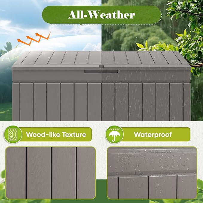 Flamaker Outdoor Storage Box 80 Gallon Resin Waterproof Deck Box Delivery Box with Wood Texture Large Storage Bin for Patio Cushions (Light Brown)