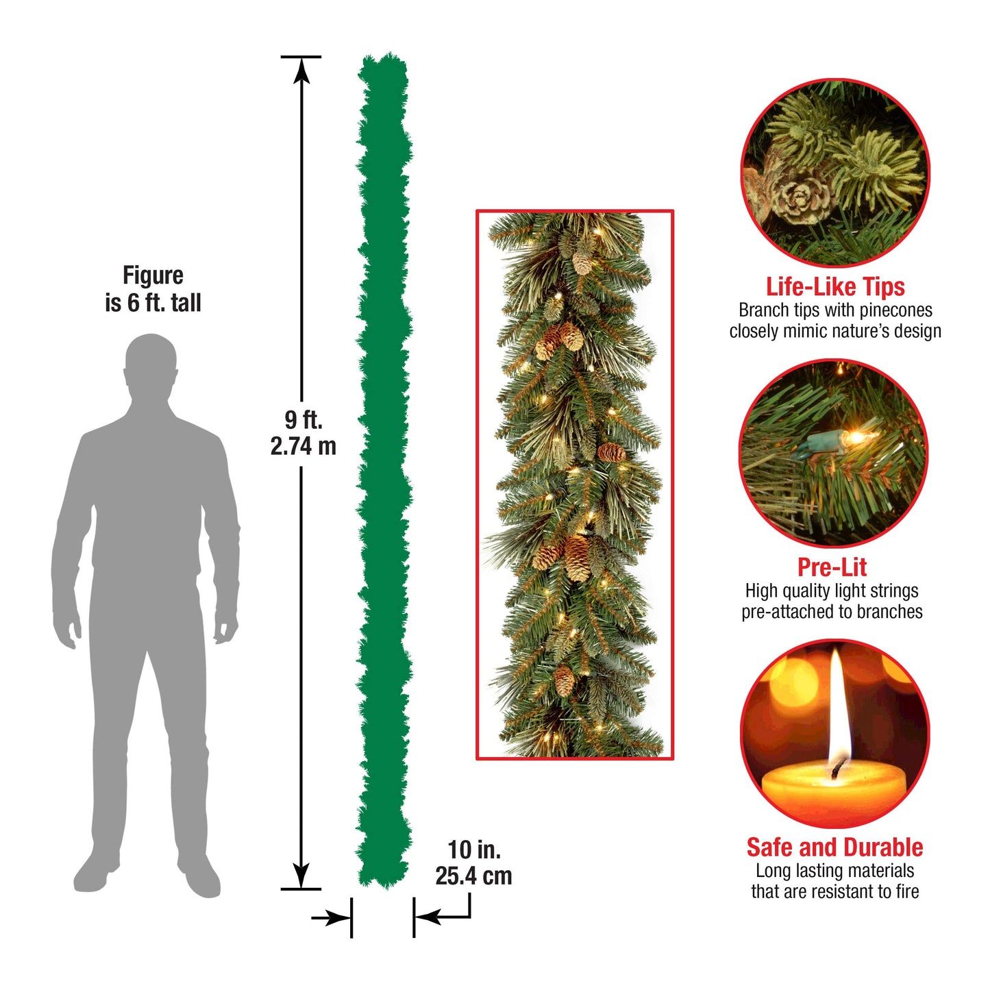 National Tree Company 9 ft Pre-Lit Carolina Pine Artificial Christmas Garland, Christmas Decoration with Pinecones, 100 Clear Lights, 240 Tips, Green
