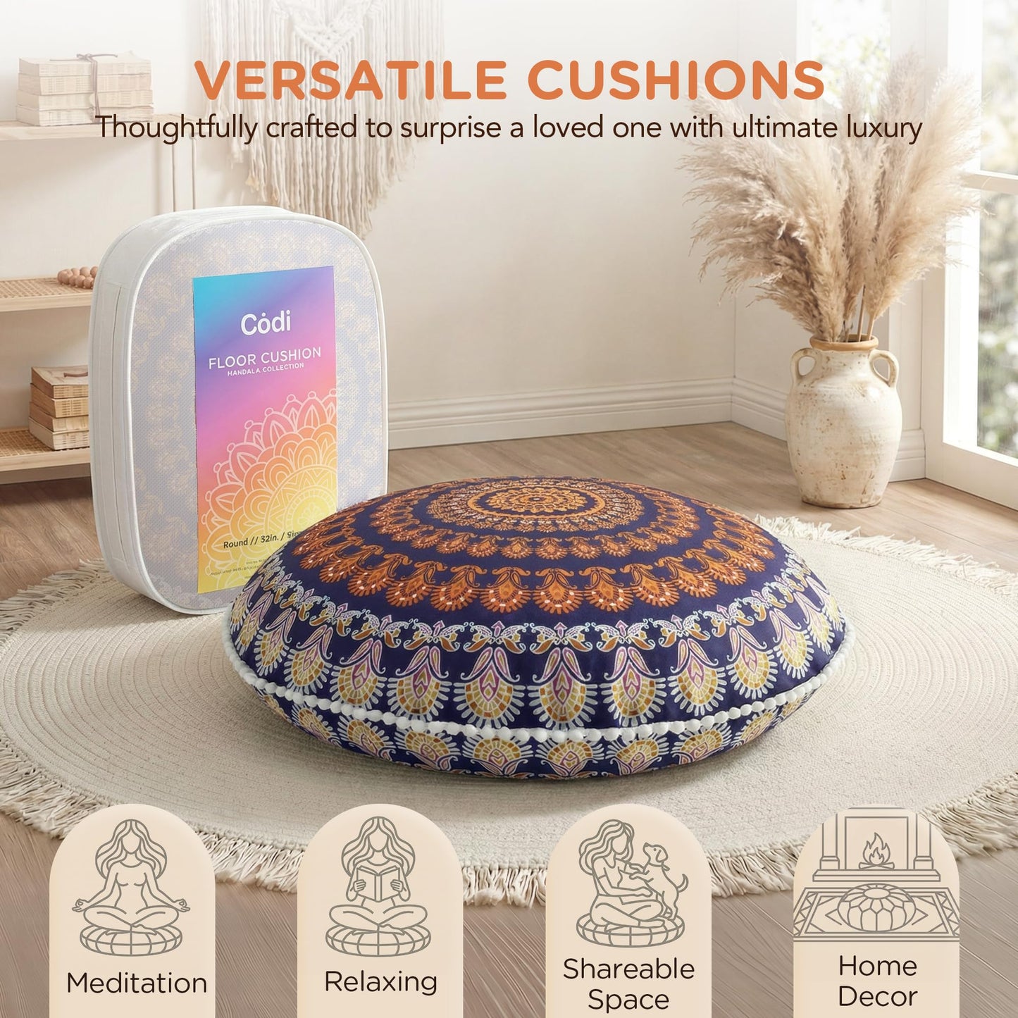 Codi Floor Pillows for Sitting Set of 2, Large Meditation Cushions for Adults with Memory Foam, Bohemian Mandala Round Seating for Outdoor Yoga and Living Room, Washable, 32 Inch, Yellow