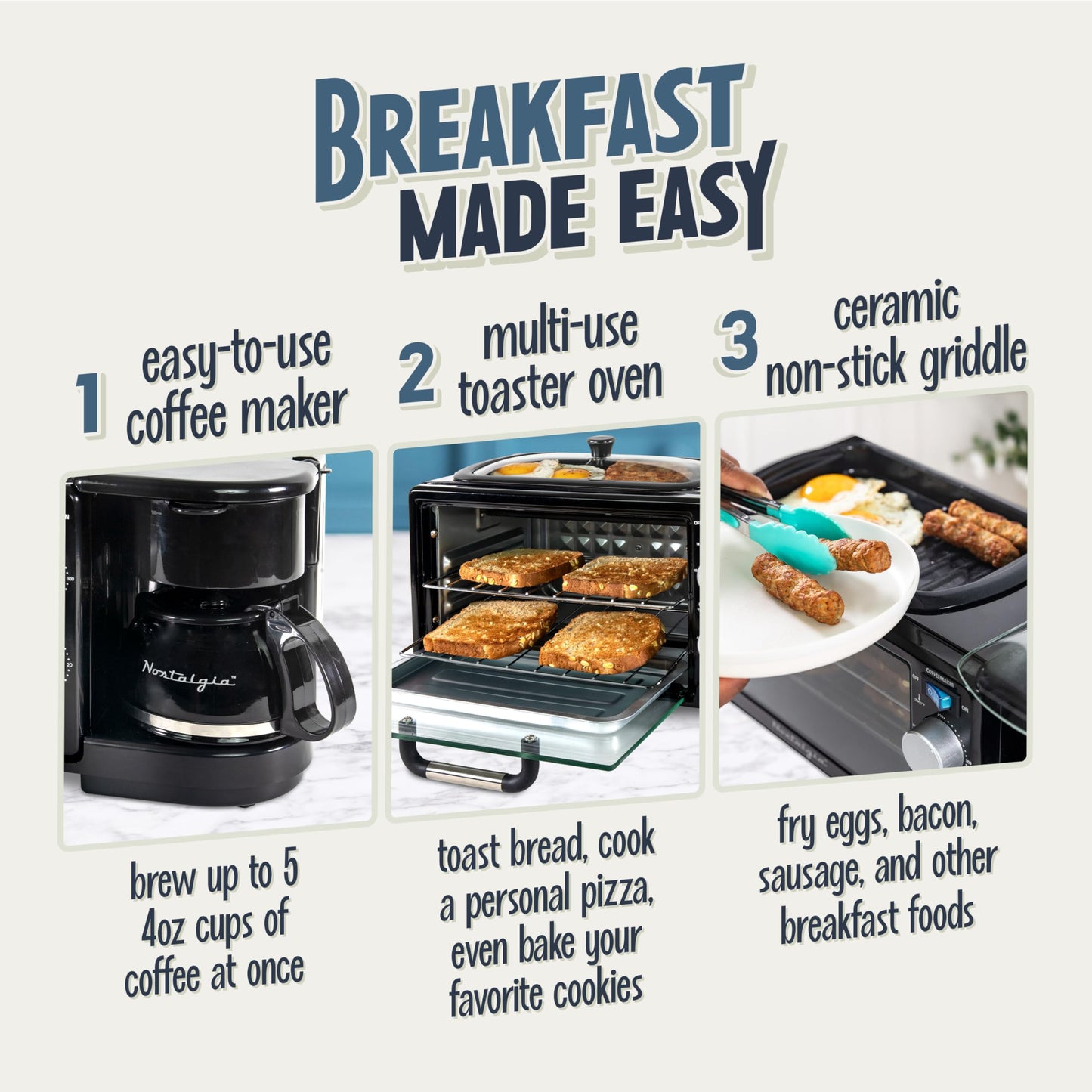 Nostalgia 3-in-1 Breakfast Station - Includes Coffee Maker, Non-Stick Griddle, and 4-Slice Toaster Oven - Versatile Breakfast Maker with Timer - Aqua