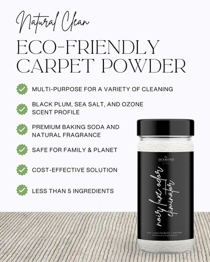 The Diamond Life Home "Noir Luxe" Eco-Friendly Carpet Powder/Upholstery Deodorizer – Black Plum, Sea Salt, and Ozone – Eliminates Odors Naturally, Cat Litter/Dog Bed Pet-Friendly, 15 oz