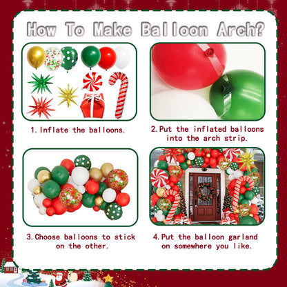 Christmas Balloons Garland Arch Kit, Red Green White Gold with Candy Cane Gift Box Explosion Star Foil Balloons for Christmas New Year Candies Xmas Theme Party Decorations...