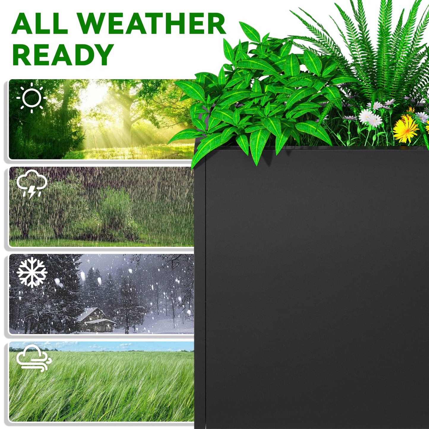 POOAMY Metal Planter, 30L x 10W x 24H, Heavy Duty Tall Planters for Outdoor Plants, Black Planters with Removable Insert Shelf, Large Planters with Drainage Holes for Porch, Patio and Yard, Black