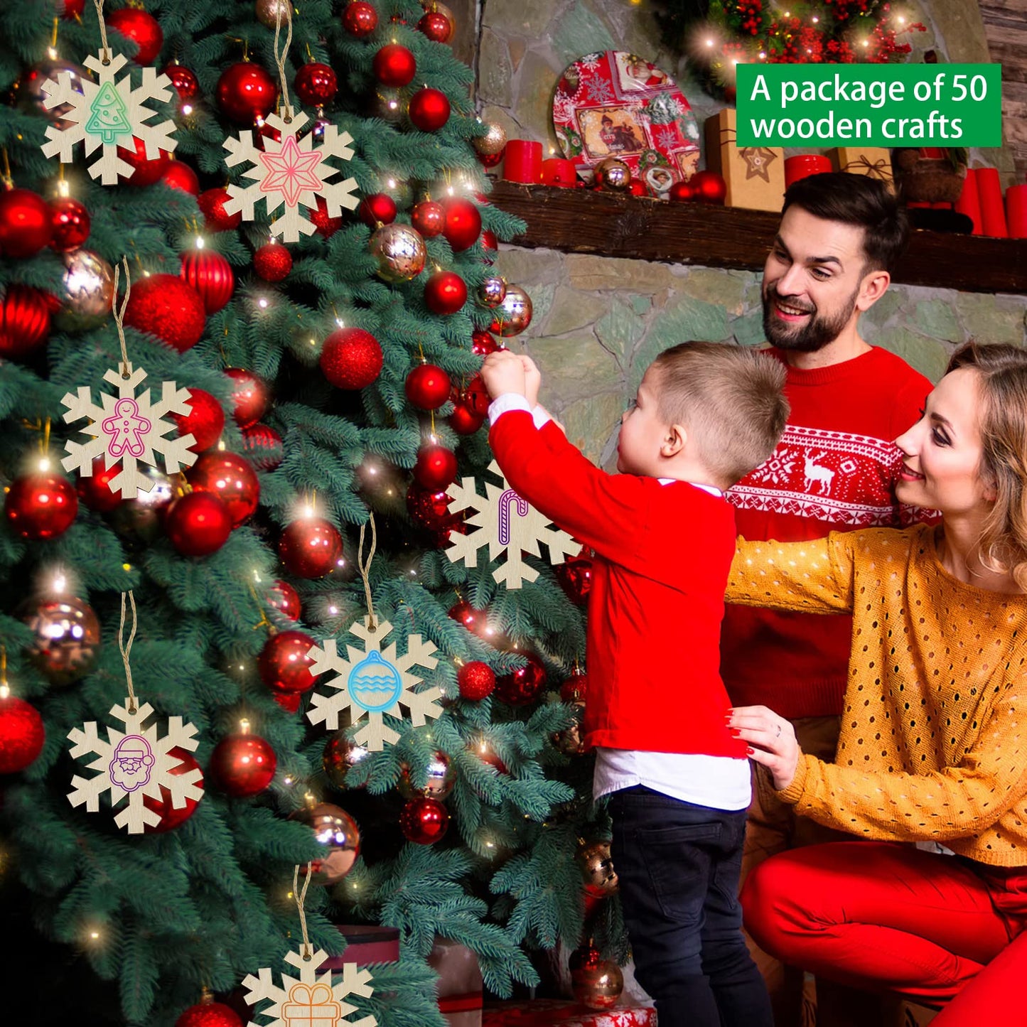 50Pcs DIY Wooden Christmas Ornaments Wooden Snowflakes for Crafts Unfinished Snowflakes Wood Ornaments with Hole, Predrilled Wood Snowflake Cutouts for Crafts Paints Christmas Tree Hanging Decor