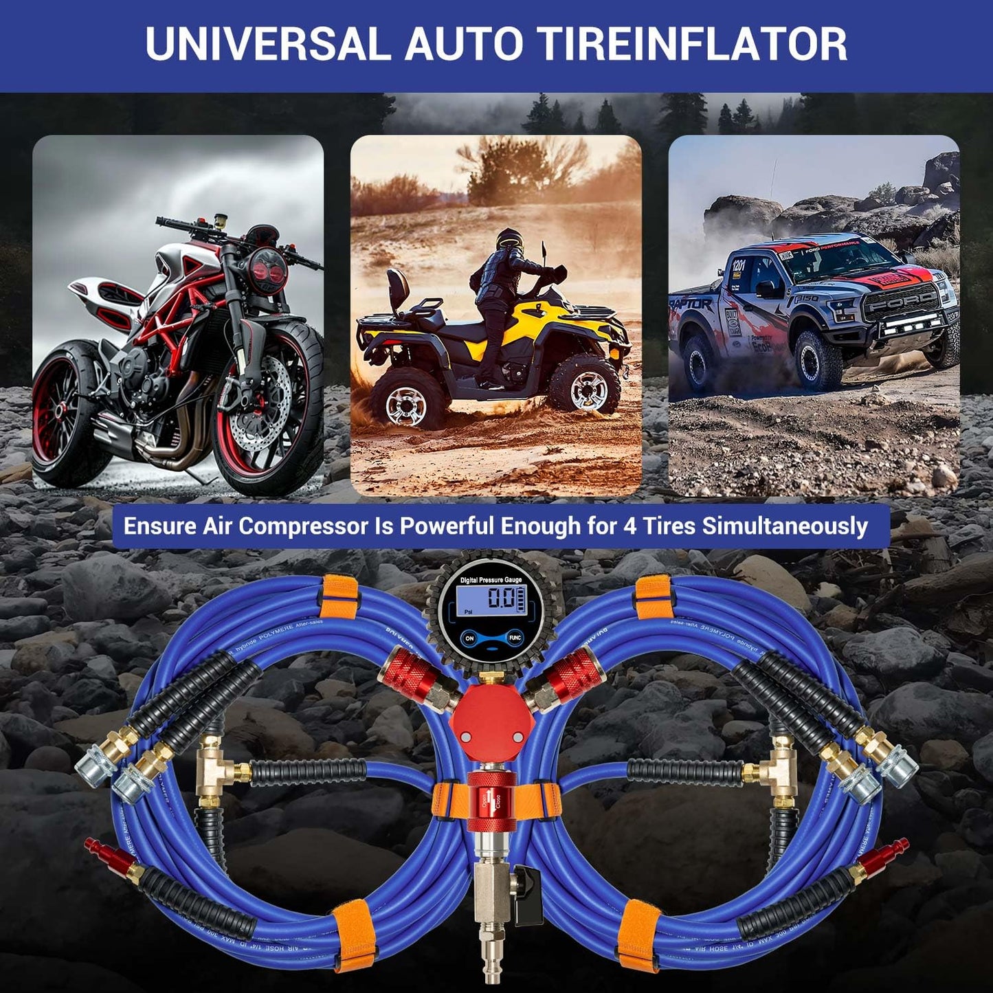 FACFUEL 4 Tire Inflation System, Fits Up to 200" Wheelbase, Rapid High Flow 4 Way Tire Inflator with Hard Case, Lock-On Air Chucks Manifold, Digital Gauge, Portable Off Road Tire Deflator