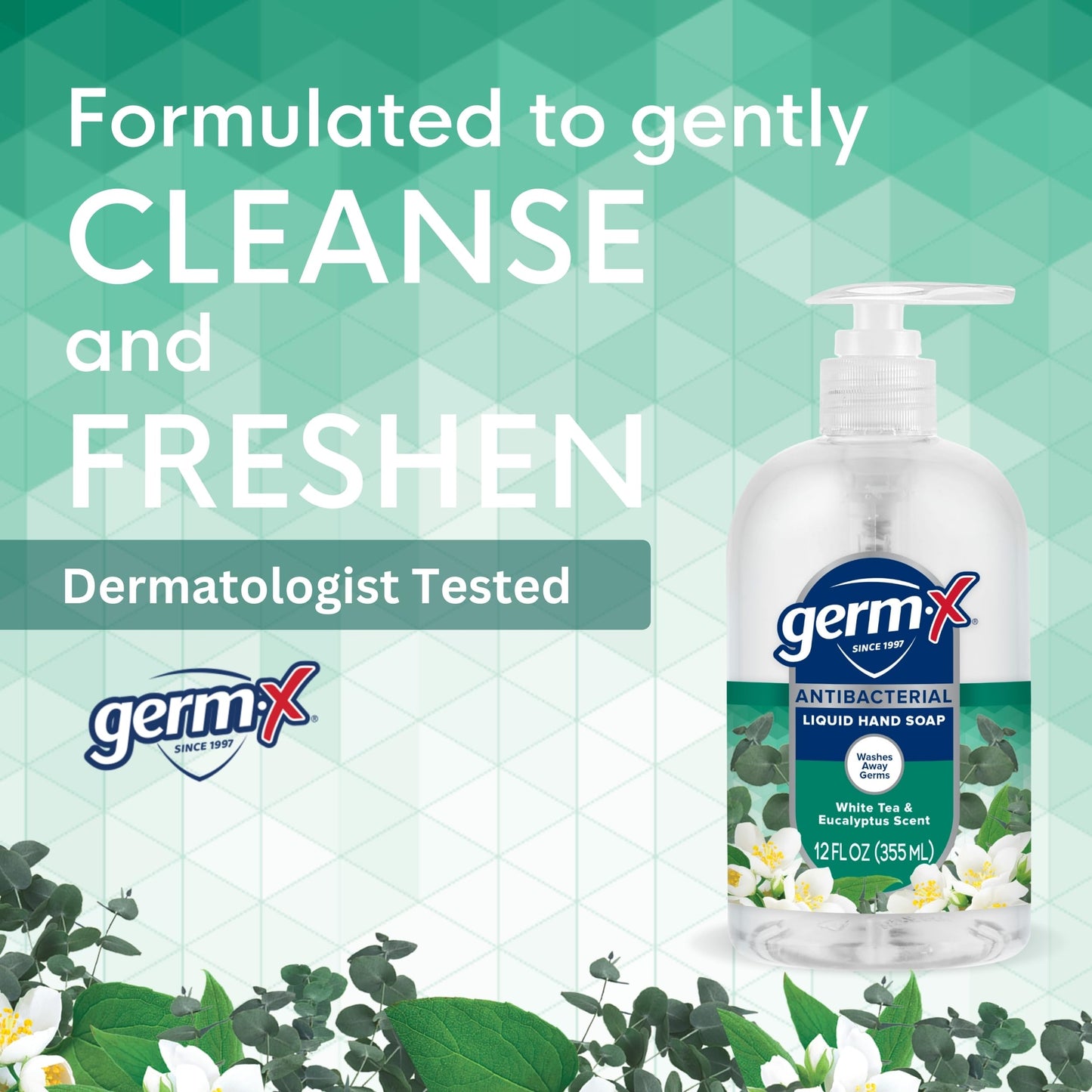 Germ-X Antibacterial Hand Soap, Moisturizing Liquid Hand Wash for Kitchen, pH Balanced & Dermatologist Tested, Back to School Supplies, White Tea & Eucalyptus, 12 oz Pump Bottle (Pack of 4)