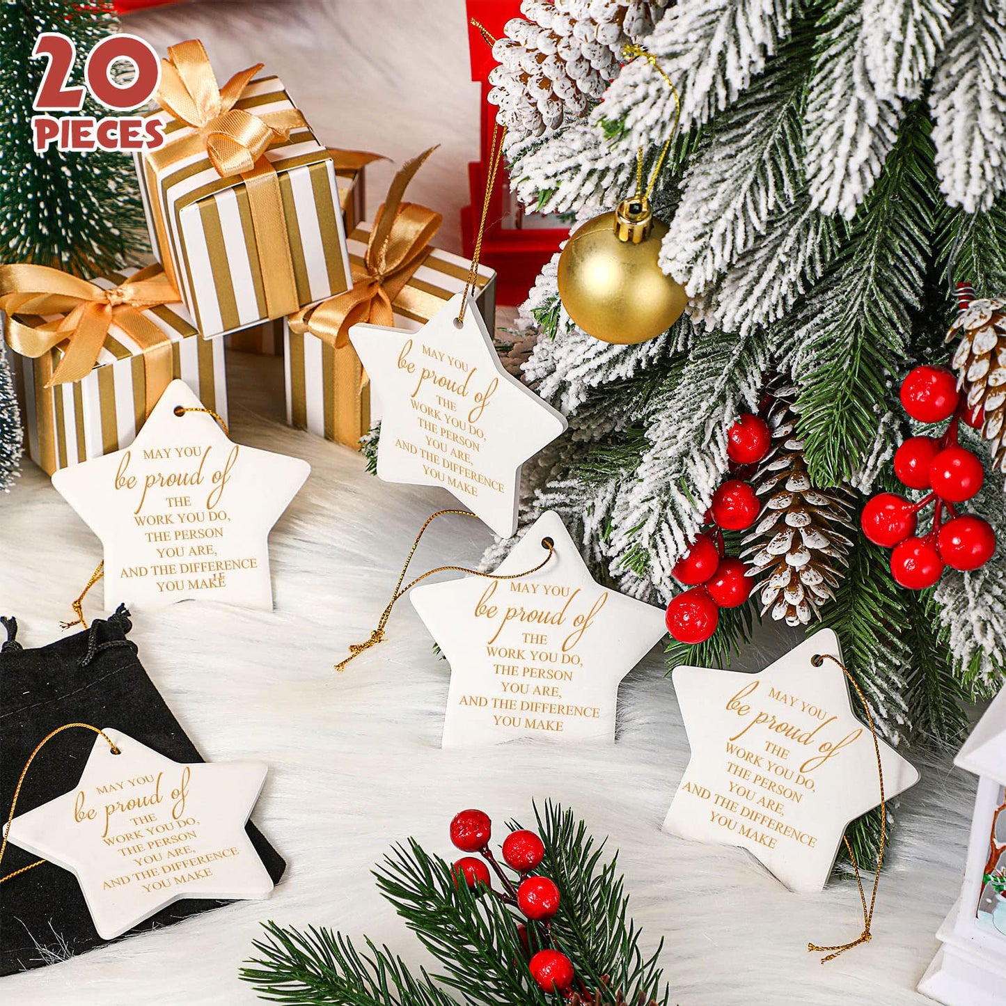Sieral 20 Pieces Christmas Appreciation Gift for Employee Women Star Shaped Ornaments Thanksgiving Ceramics Hanging Plaque Keepsake Christmas Tree Ornaments for Customer Service Vet Tech Week Nurse