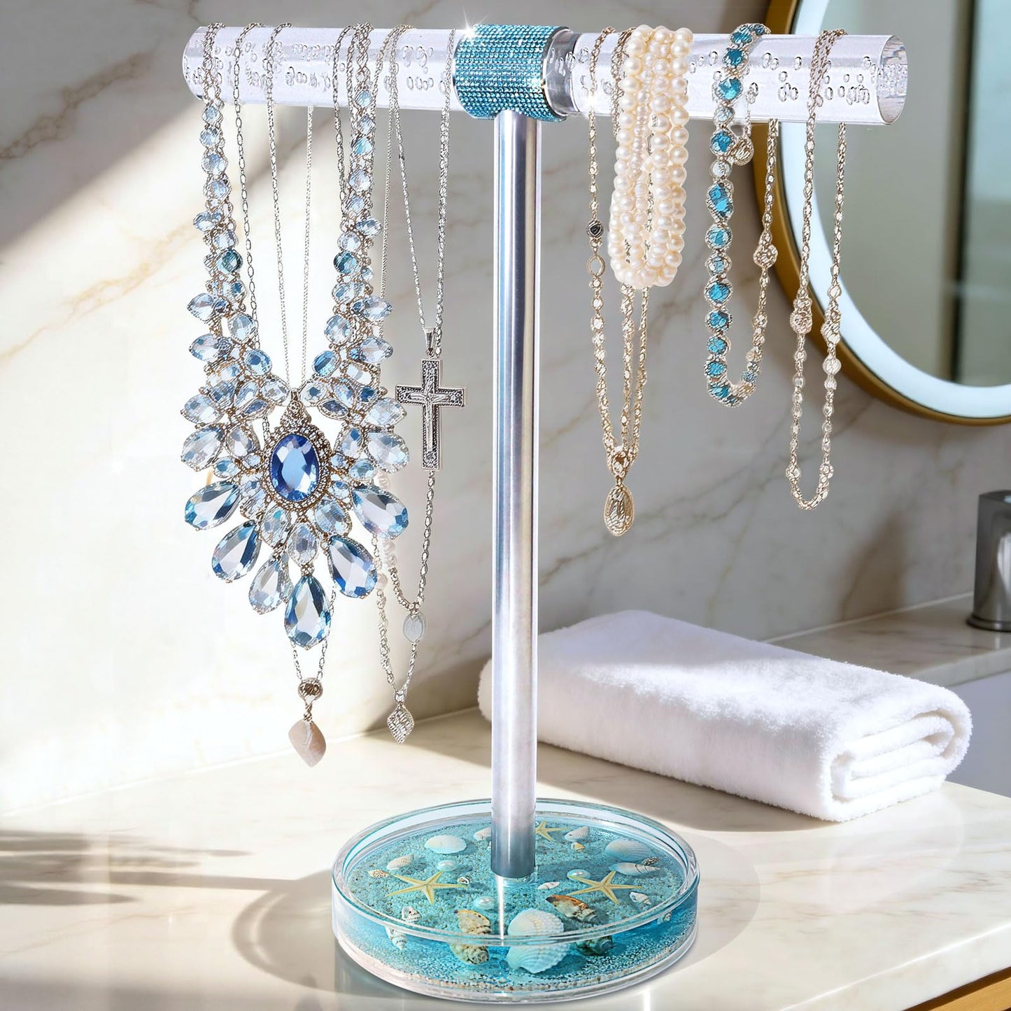 FONMY Jewelry Organizer Countertop Acrylic w/Nature Seashell Handmade,Seascape Standing Jewelry Holder W/Blue crystal for Bedroom Bathroom w/Weighted Base,Unique Gifts