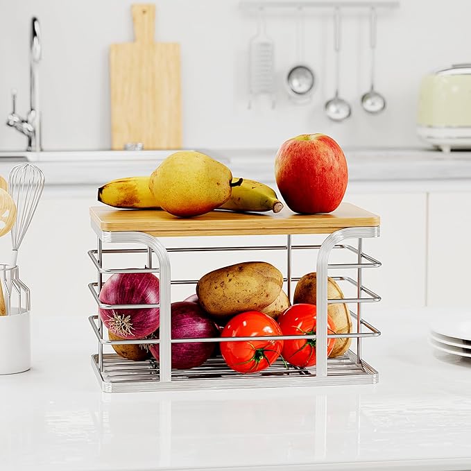 Trash Bag Holder with Bamboo Top, Wall Mount 304 Stainless Steel Garbage Bag