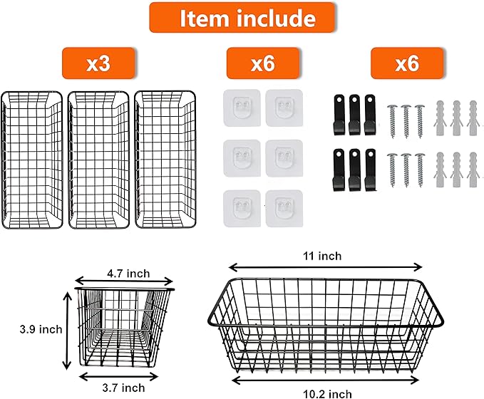 Joben Oligey 3 Set Hanging Wire Baskets, Wall Mount Fruit Basket, No Drilling