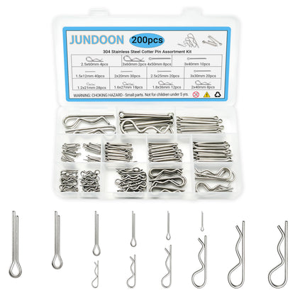 200Pcs 304 Stainless Steel Cotter Pins & R-Clips Assortment Kit, 12 Sizes Hitch Pin Clips for Tractor, Truck, Trailer, and Engine Repair